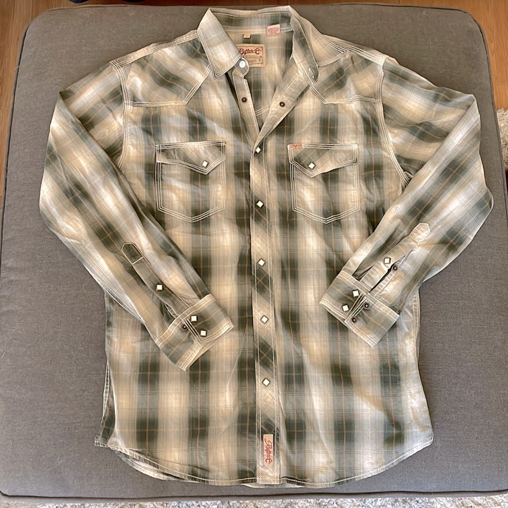 Green plaid Rafter C western shirt L white diamond shaped pearl snaps.